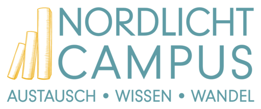 Logo "Nordlicht Campus" in Türkis auf schwarzem Hintergrund, mit den Stichworten "FORSCHUNG WISSEN ANWENDUNG".